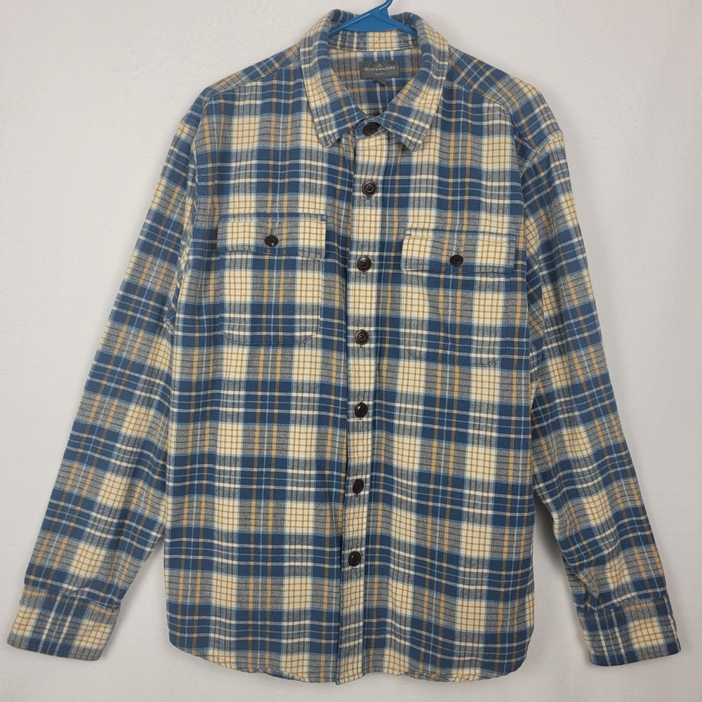 L.L. Bean Signature Flannel Shirt Mens L Blue Yellow Plaid Slim Fit Long Sleeve